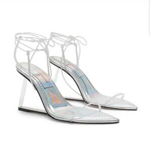 NIB Good American Cinder Fckin Ella‎ Silver/Clear Lace Up Heels, Size 7.5